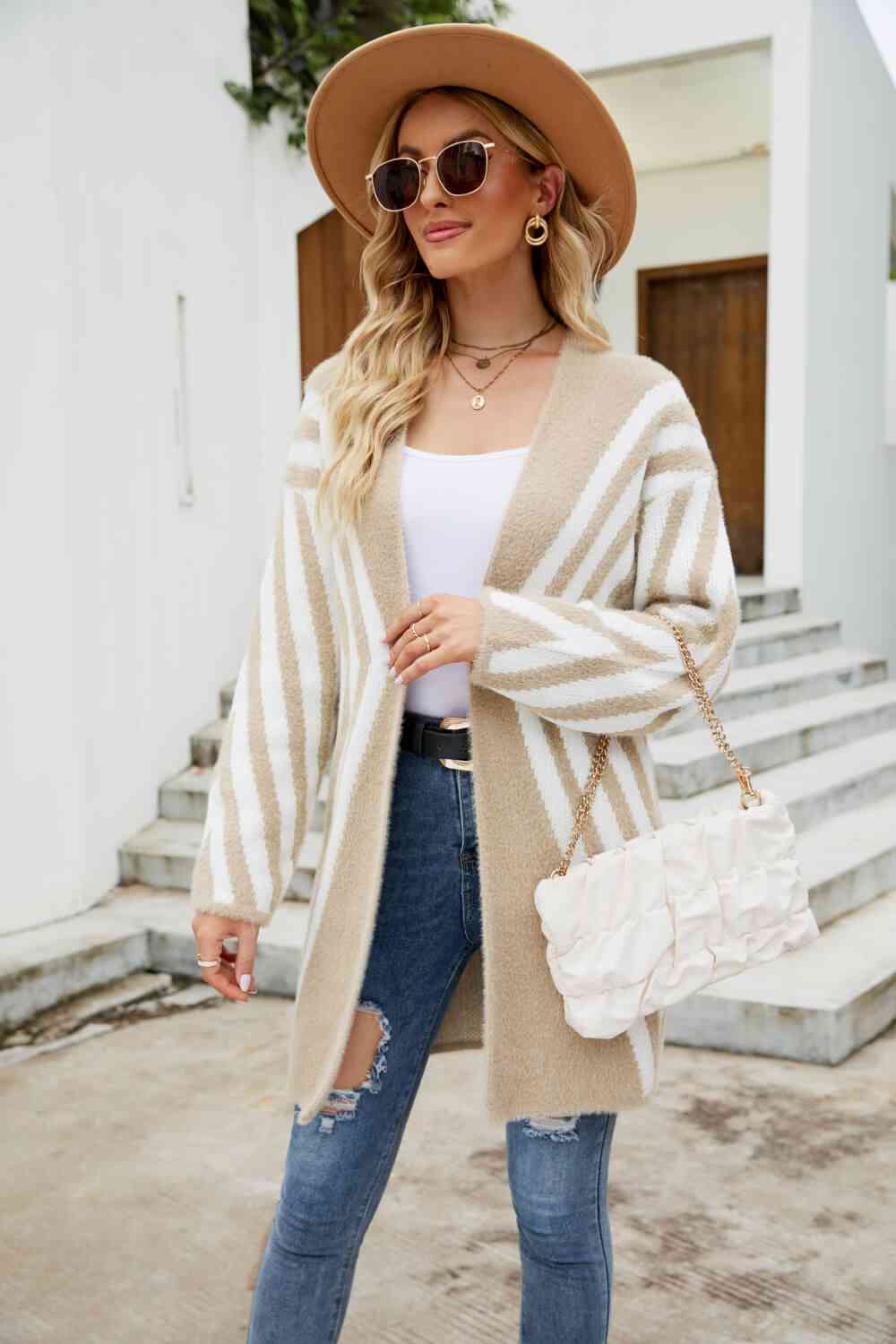 Woven Right Two-Tone Open Front Fuzzy Longline Cardigan Khaki