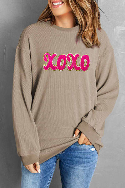 XOXO Sequin Round Neck Dropped Shoulder Sweatshirt Dust Storm