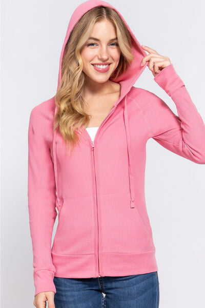 ACTIVE BASIC Waffle Knit Drawstring Zip Up Long Sleeve Hoodie DEEP PINK