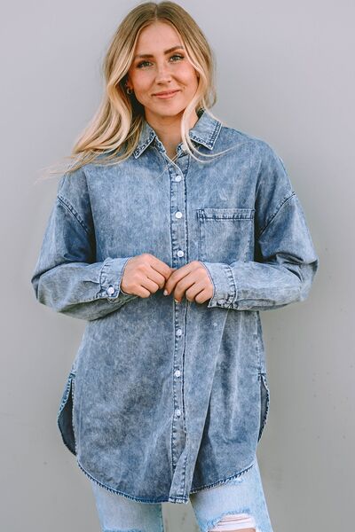 Button Up Dropped Shoulder Denim Top Misty Blue