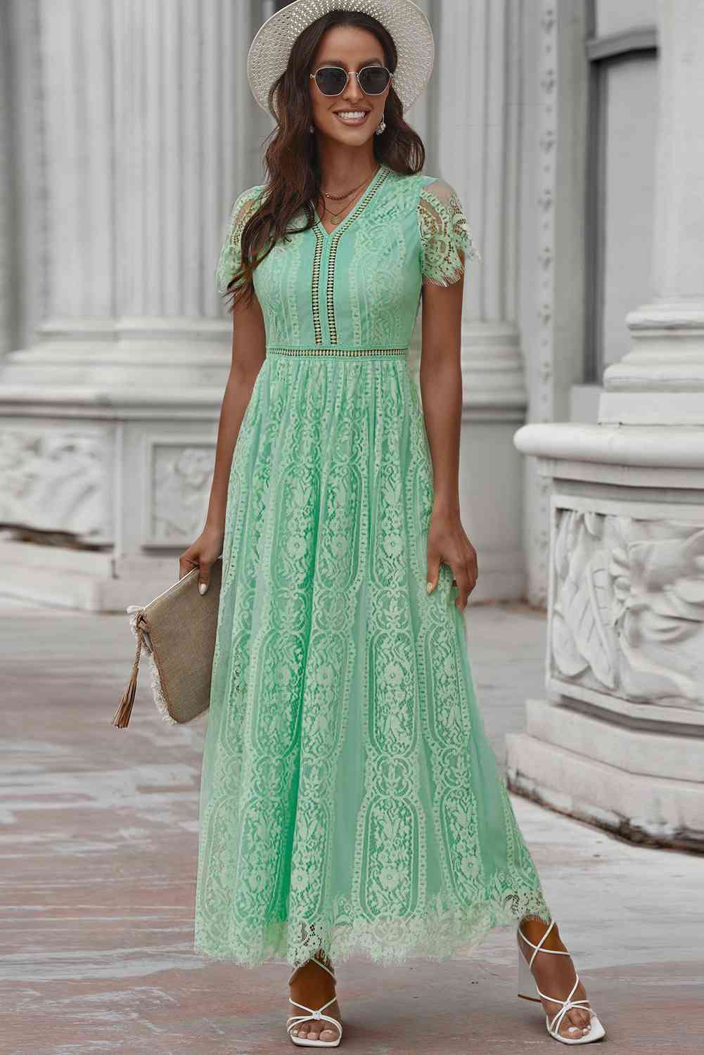 Scalloped Trim Lace Plunge Dress Mid Green