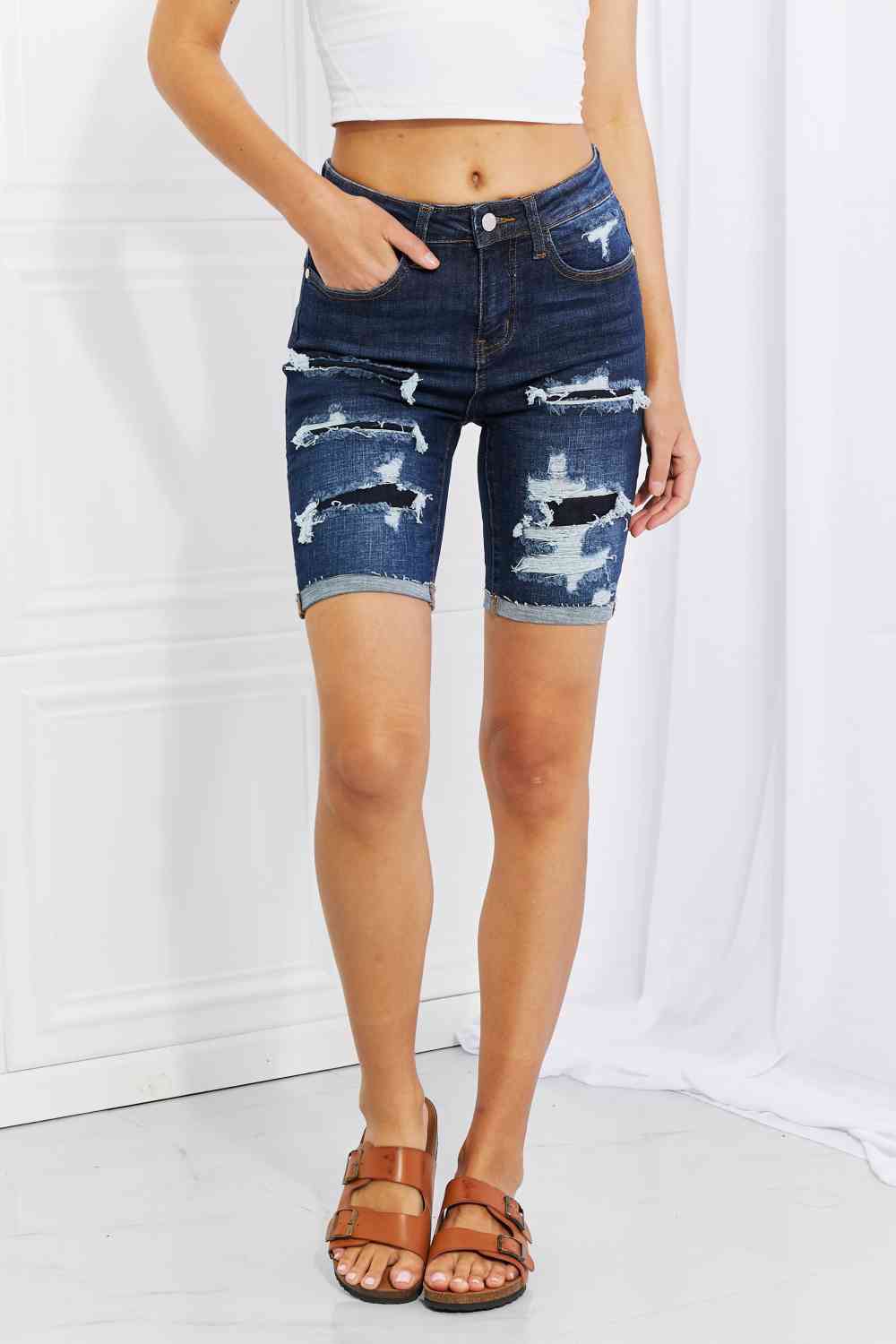 Judy Blue Lucy High Rise Patch Bermuda Shorts Dark