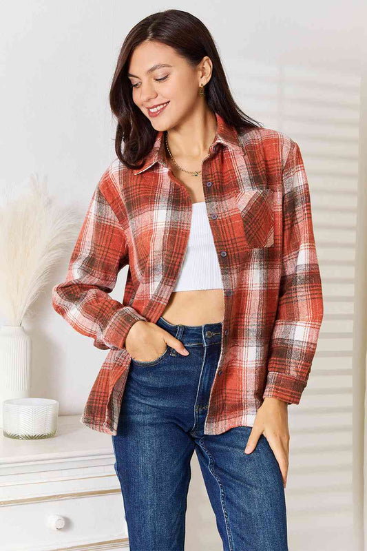 Double Take Plaid Collared Neck Long Sleeve Shirt Ochre