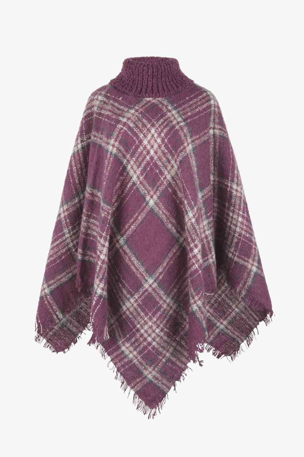 Plaid Turtleneck Fringe Hem Poncho Dusty Purple One Size