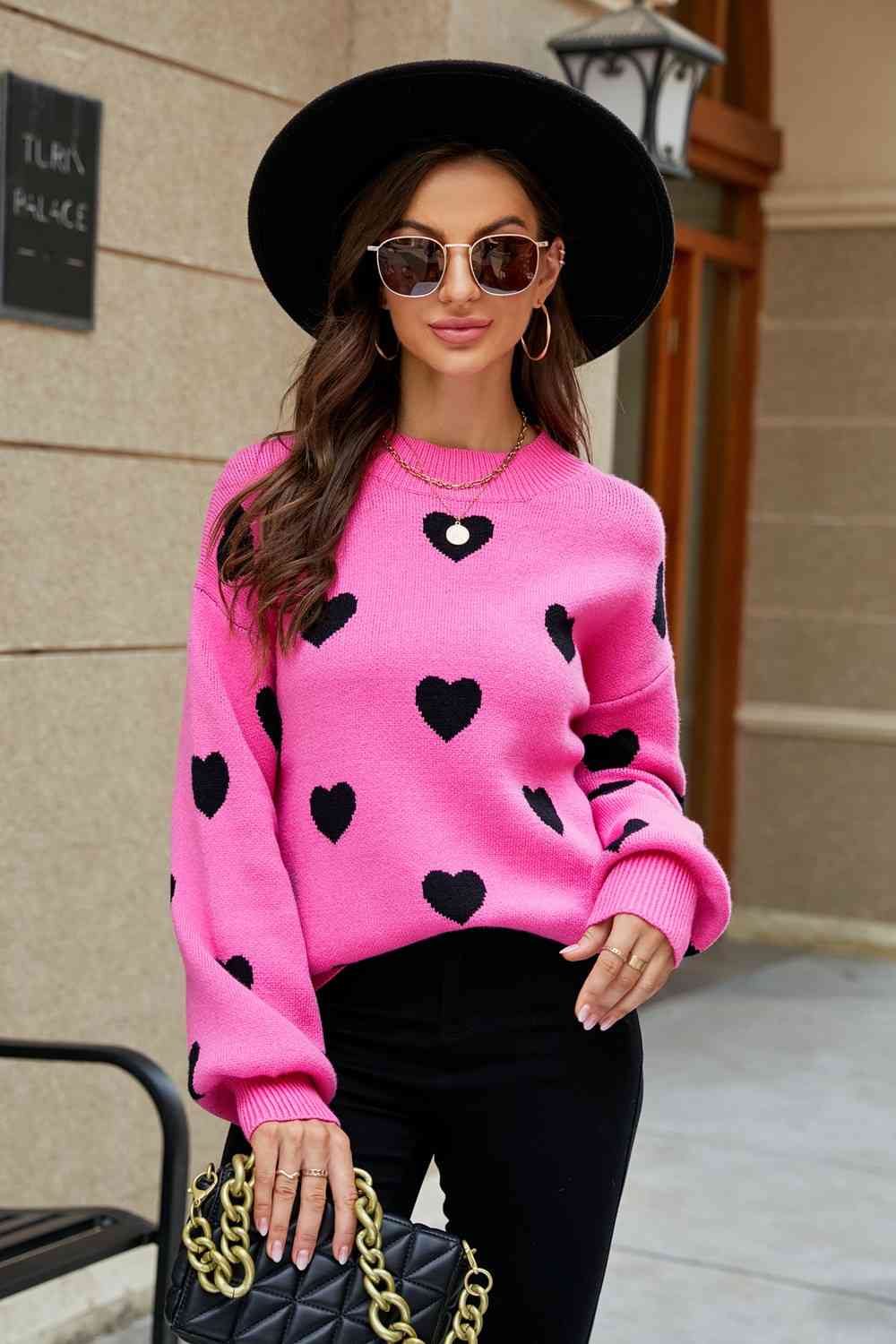 Woven Right Heart Pattern Lantern Sleeve Round Neck Tunic Sweater Rose