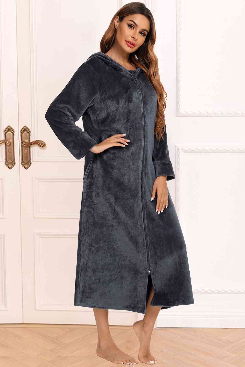 Zip Front Hooded Night Dress with Pockets Charcoal