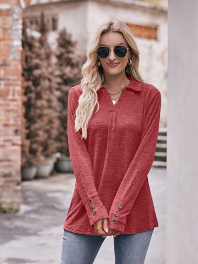 Decorative Button Johnny Collar Long Sleeve Blouse Deep Red