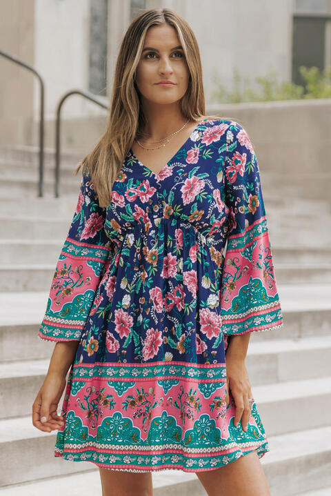 Bohemian V-Neck Mini Dress Peacock Blue