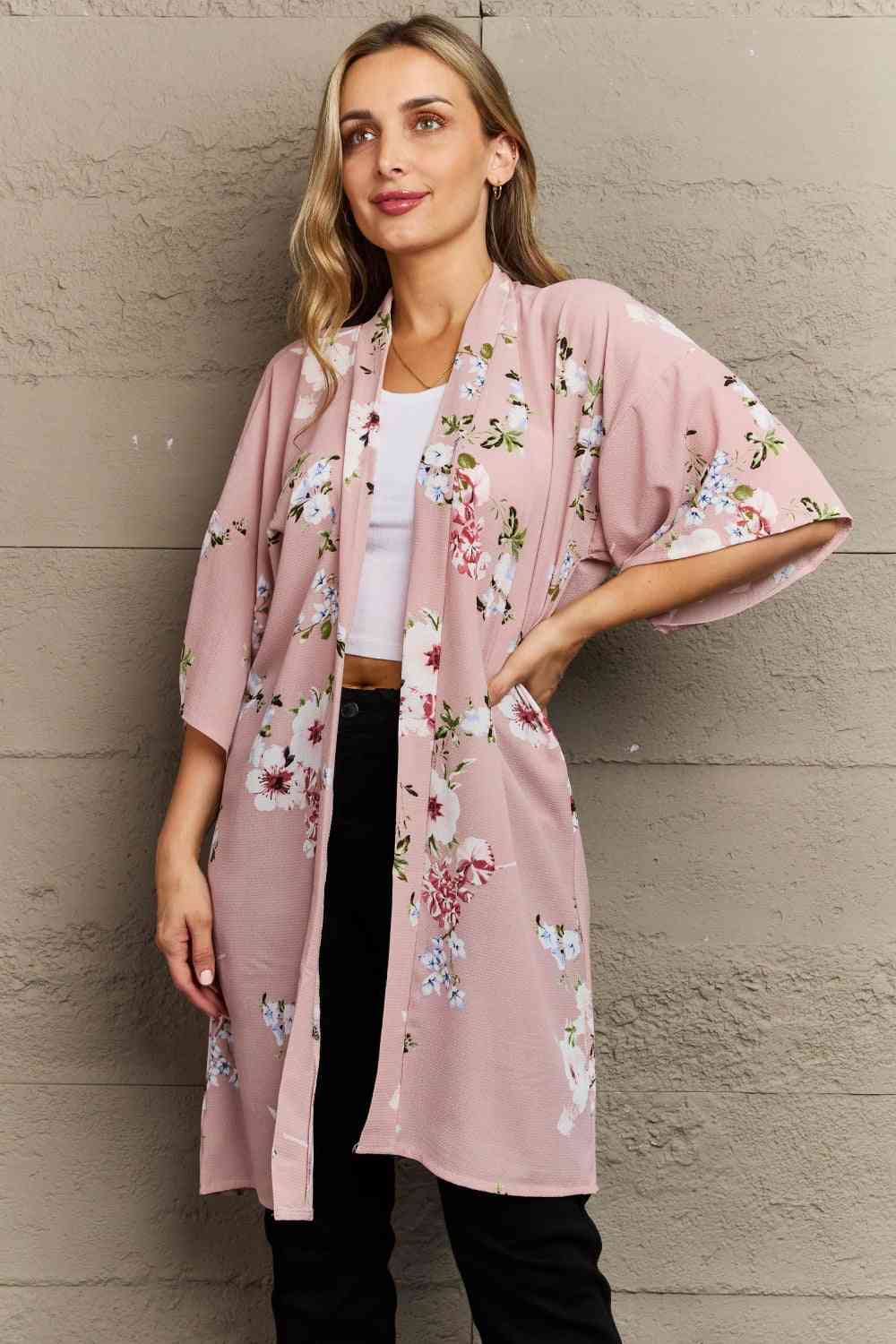 Justin Taylor Aurora Rose Floral Kimono Blush Pink One Size