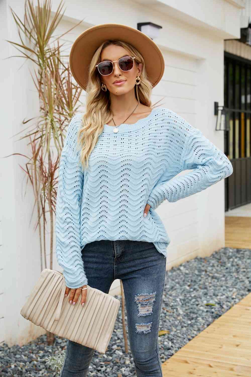 Woven Right Scalloped Boat Neck Openwork Tunic Sweater Sky Blue