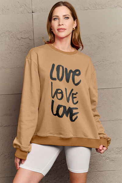 Simply Love Full Size LOVE Round Neck Sweatshirt Camel