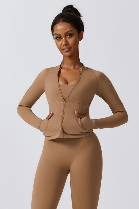 Zip-Up Long Sleeve Sports Jacket with Pockets Camel