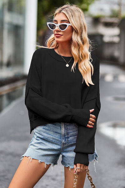 Round Neck Drop Shoulder Long Sleeve Sweater Black