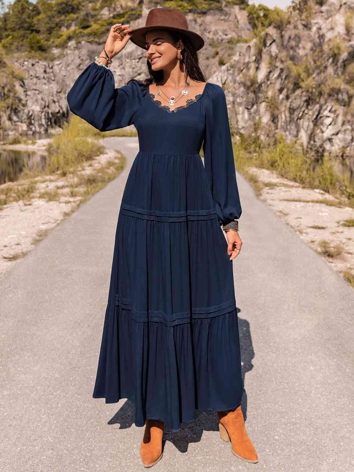 Long Sleeve Lace Trim Maxi Dress Navy