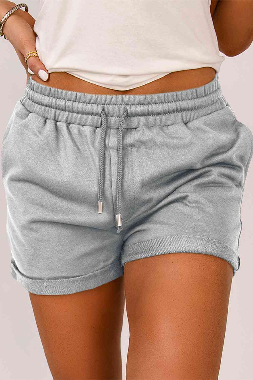 Drawstring Waist Cuffed Shorts Light Gray