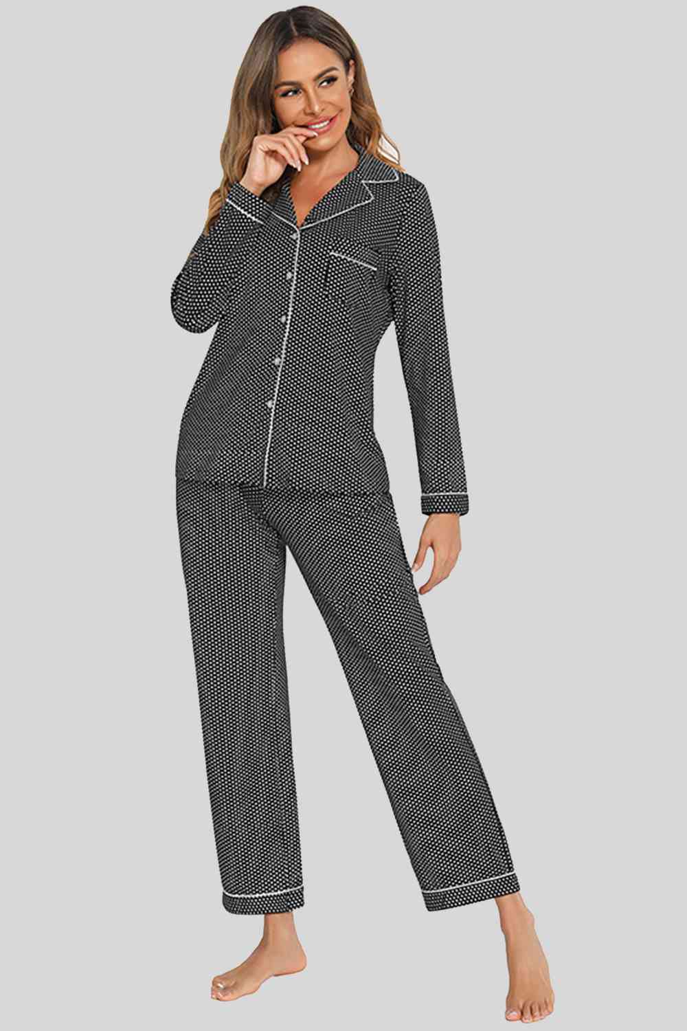 Collared Neck Loungewear Set with Pocket Black