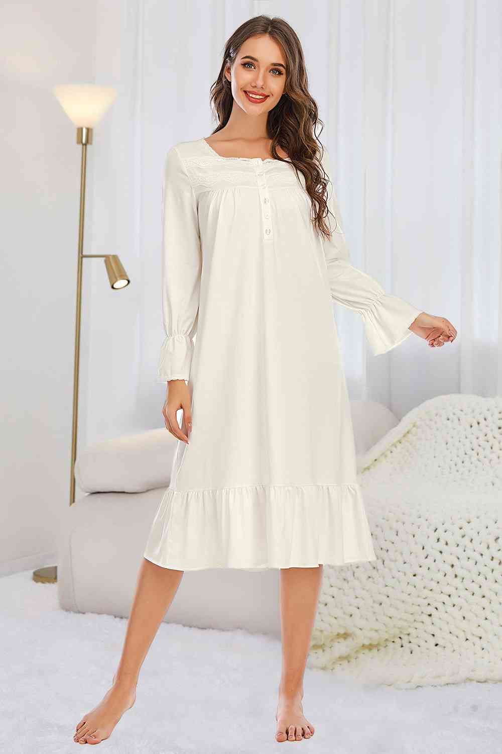 Flounce Sleeve Ruffle Hem Night Dress White