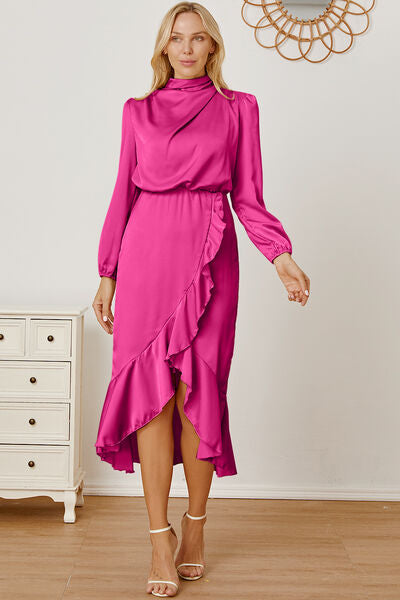 Mock Neck Ruffled Asymmetrical Dress Fuchsia Pink