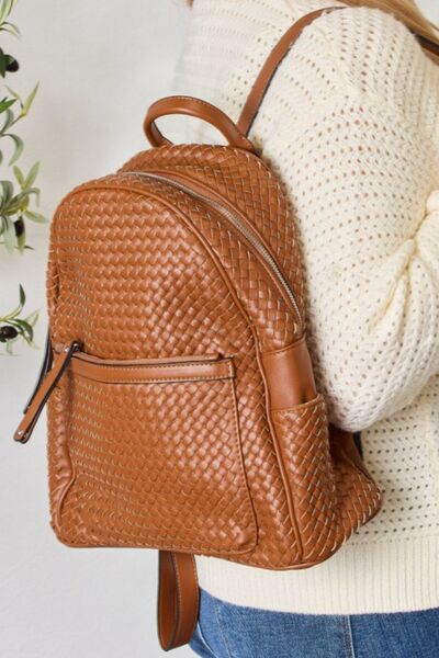 SHOMICO PU Leather Woven Backpack TAN One Size