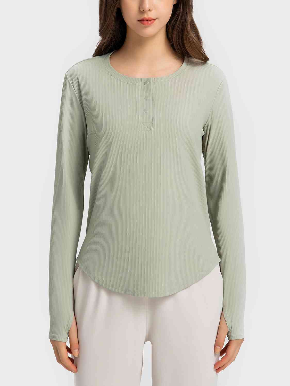 Round Neck Long Sleeve Sport Top Sage