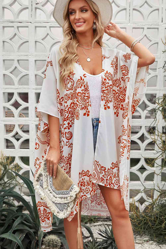 Floral Side Slit Cover Up White One Size