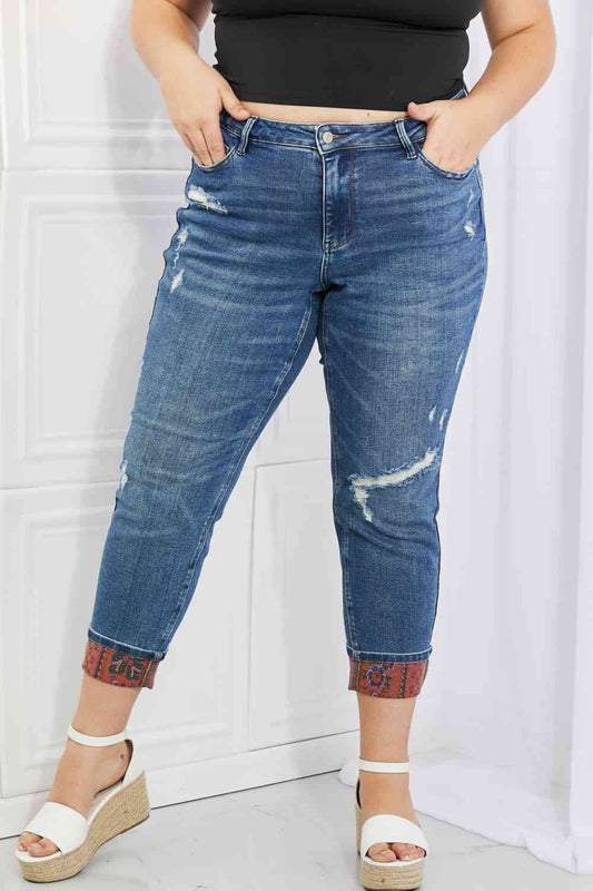 Judy Blue Gina Full Size Mid Rise Paisley Patch Cuff Boyfriend Jeans Medium