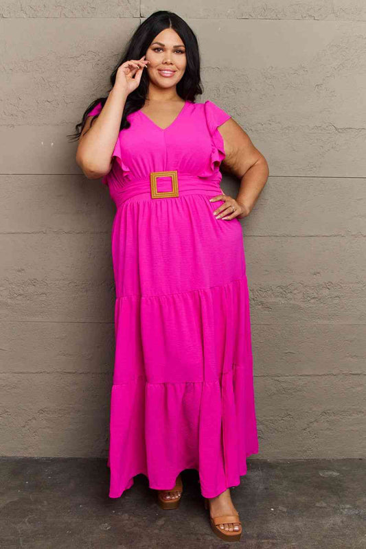 GeeGee Fancy Fizz Plus Size Tiered Side Slit Maxi Dress Hot Pink