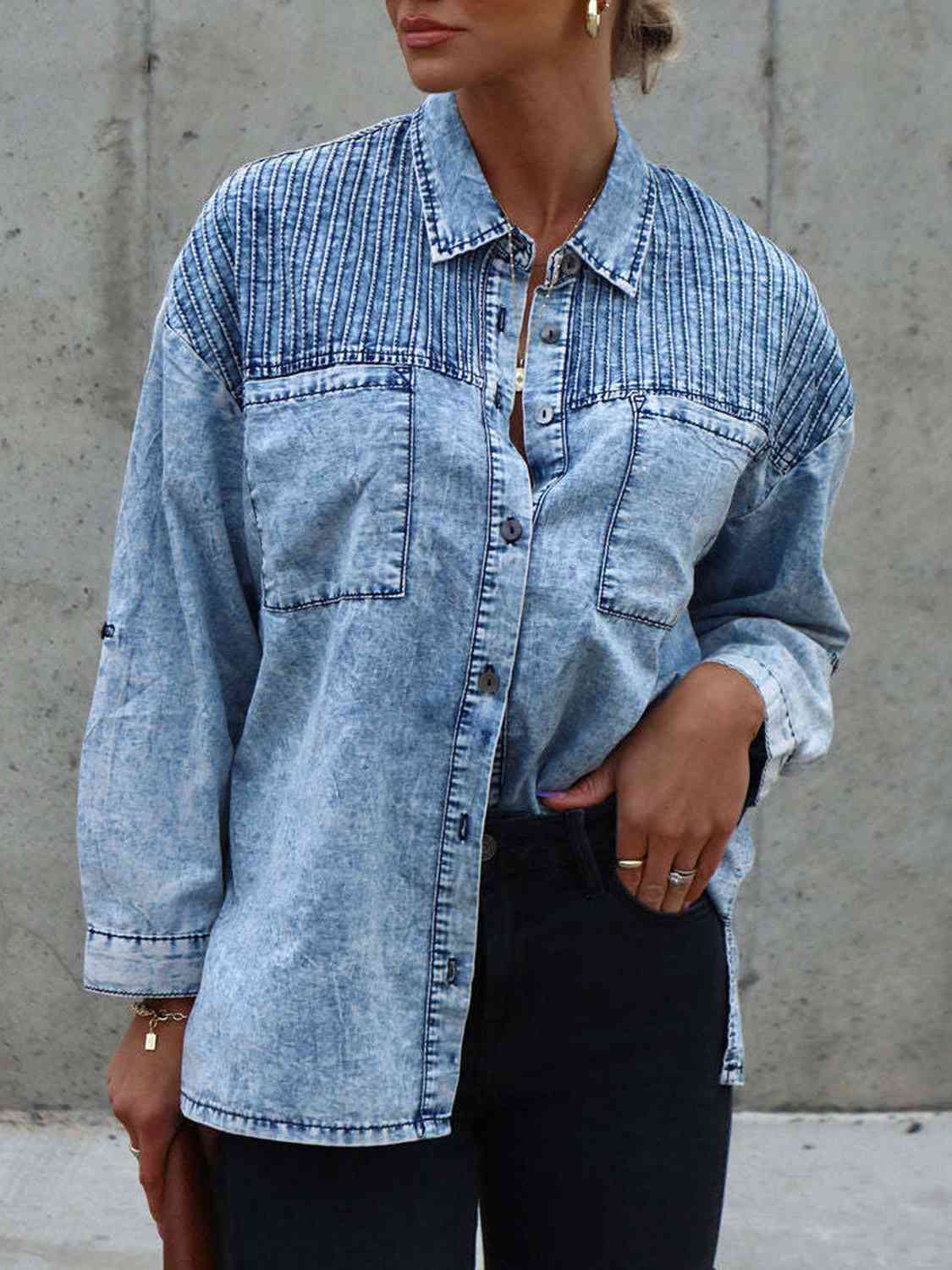 Button Front Collared Denim Jacket Misty Blue