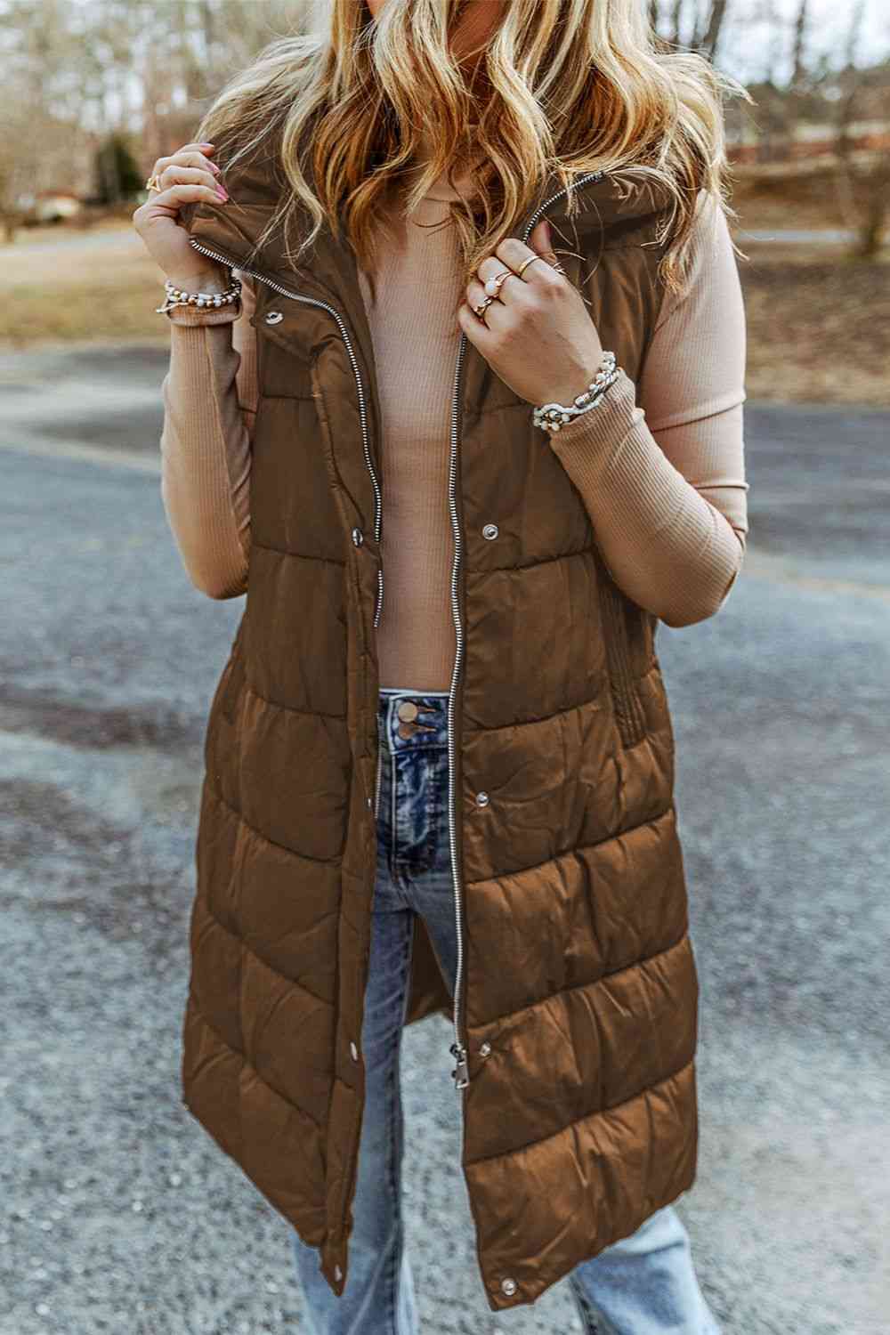 Longline Hooded Sleeveless Puffer Vest Chestnut