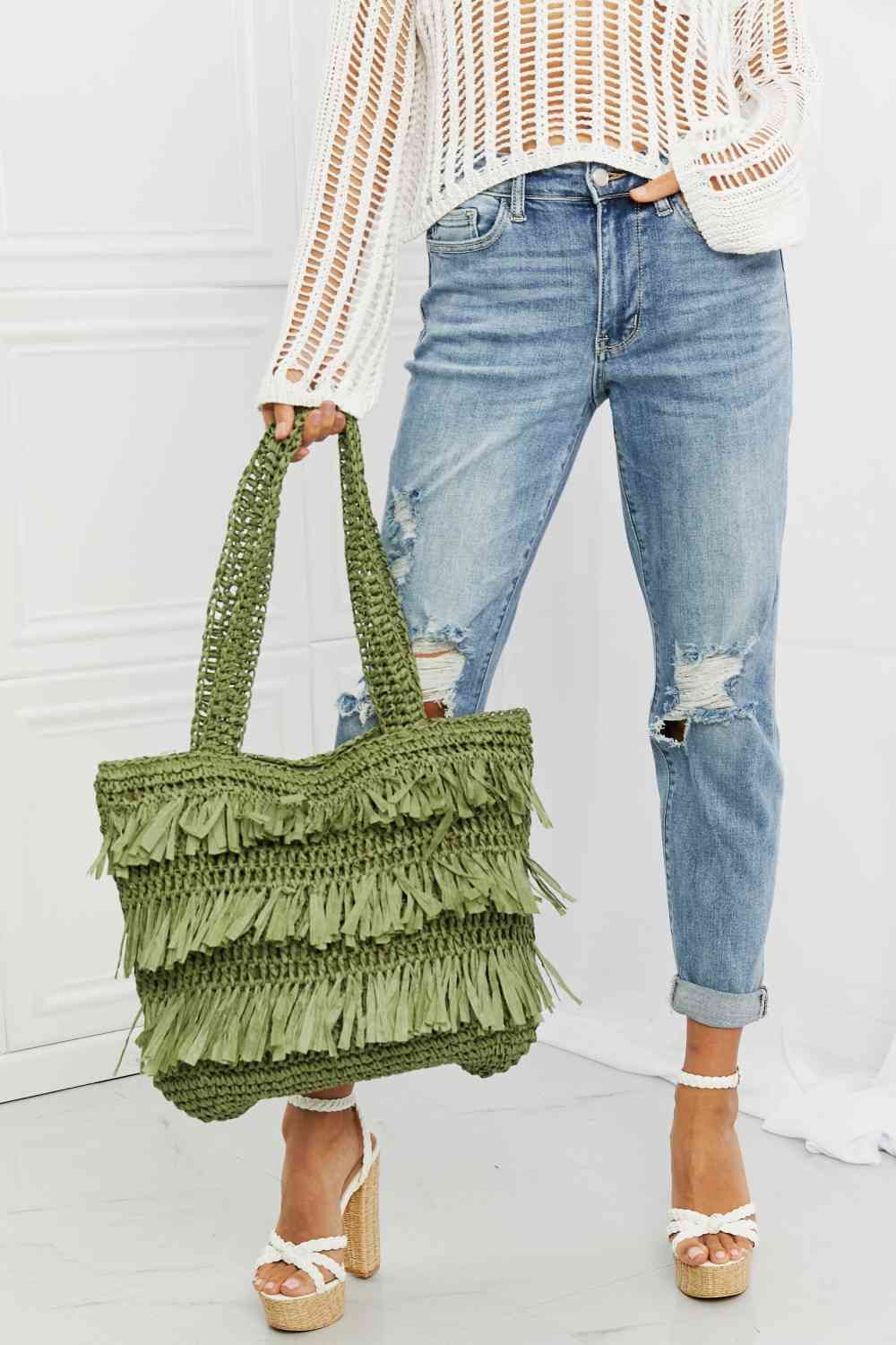 Fame The Last Straw Fringe Straw Tote Bag Olive One Size