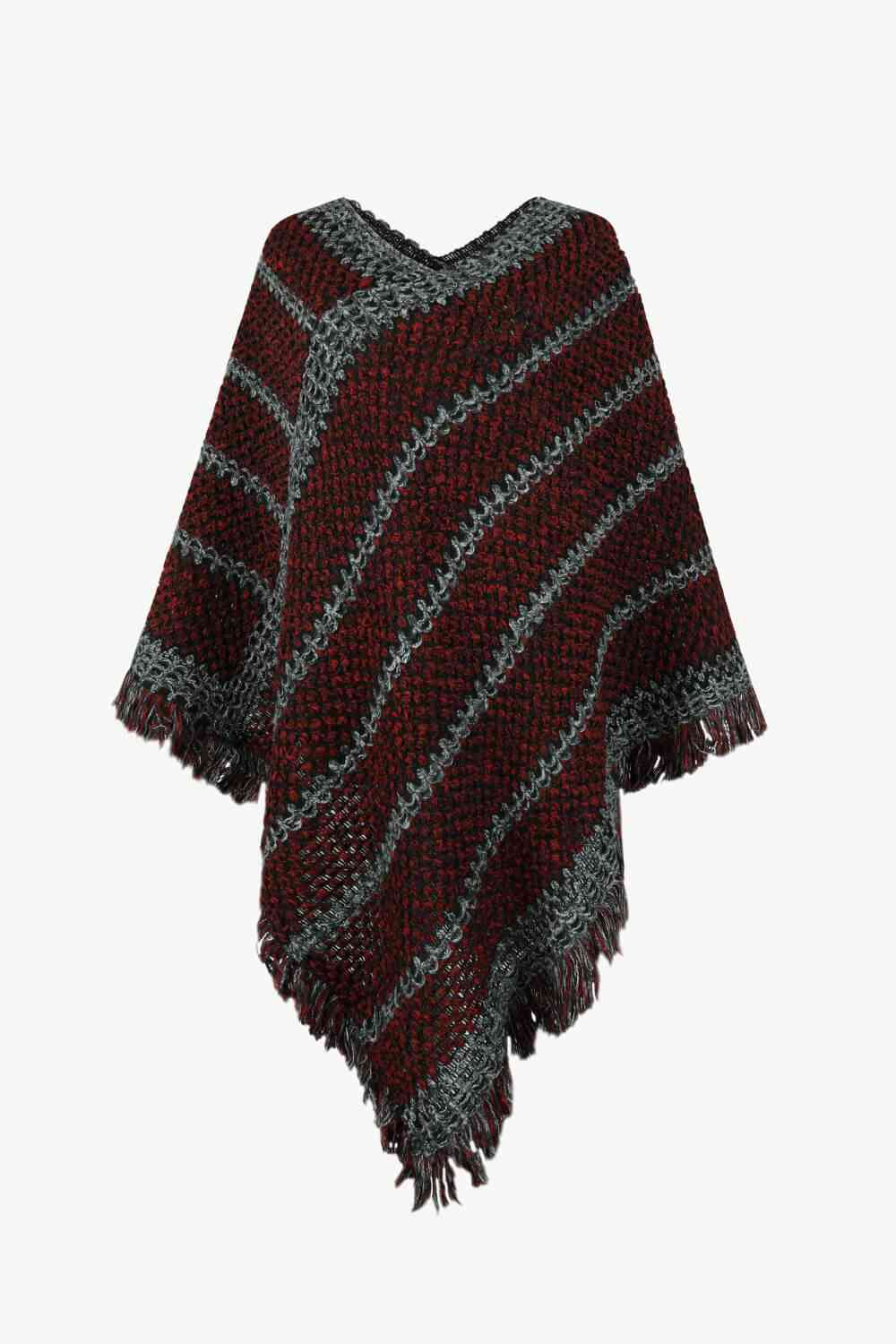 V-Neck Fringe Hem Poncho Wine One Size