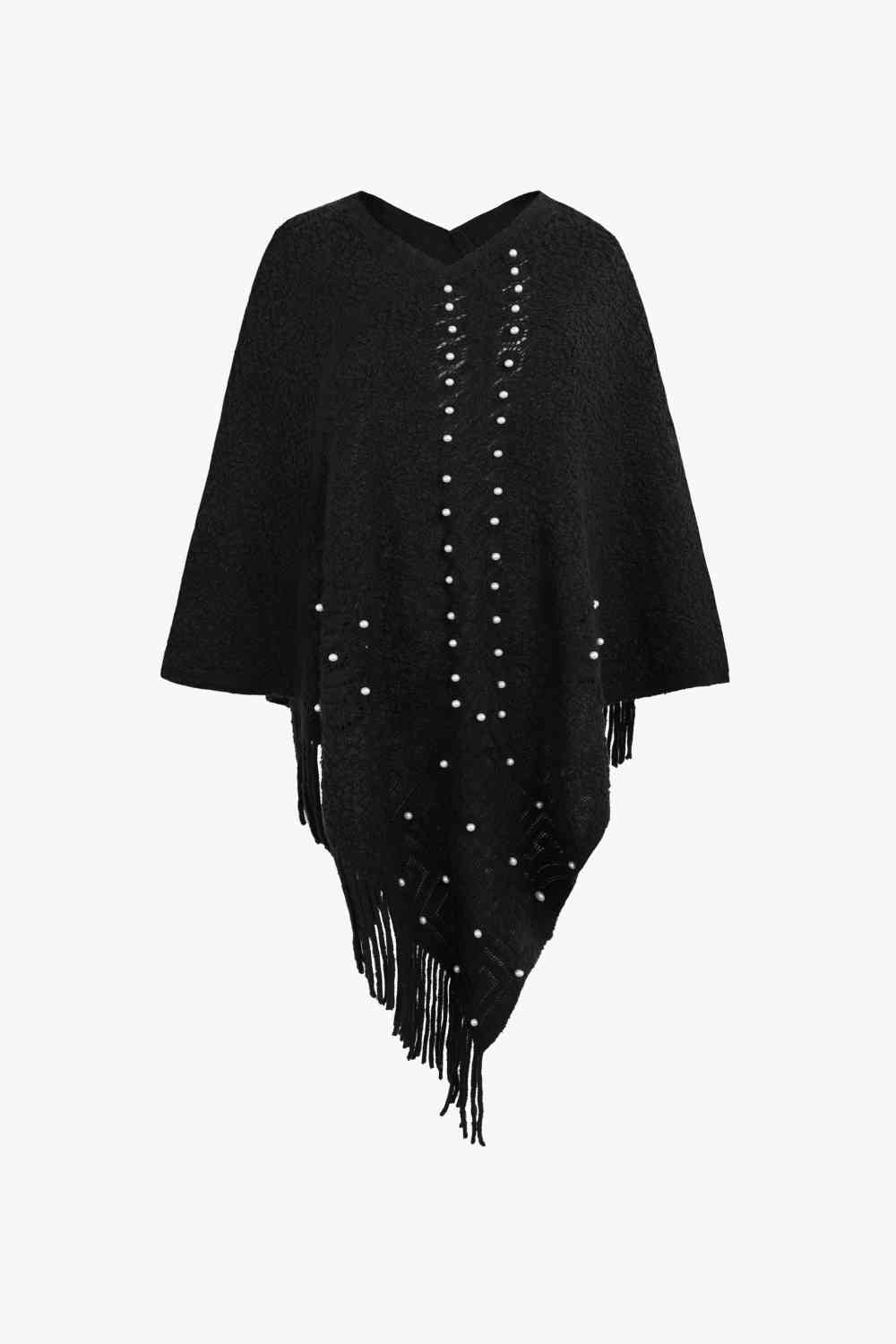 Pearl Trim Fringe Hem Poncho Black One Size