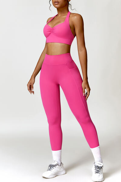 Ruched Halter Neck Bra and Pocketed Leggings Active Set Hot Pink