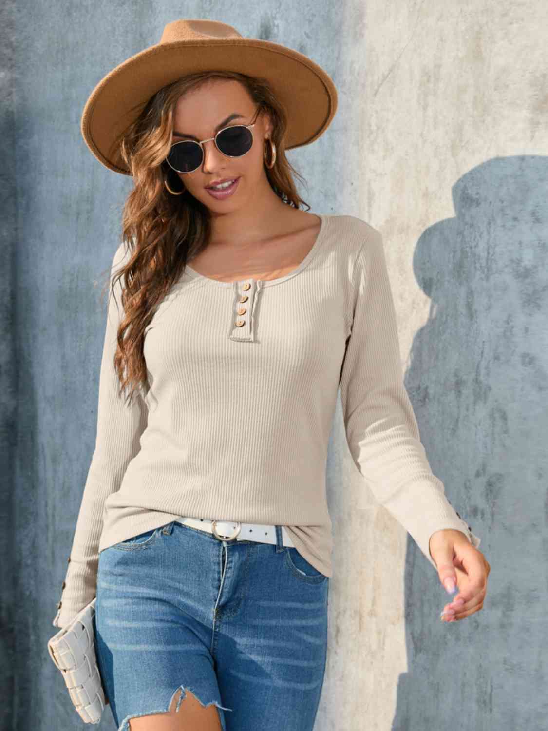 Buttoned Round Neck Long Sleeve T-Shirt Cream