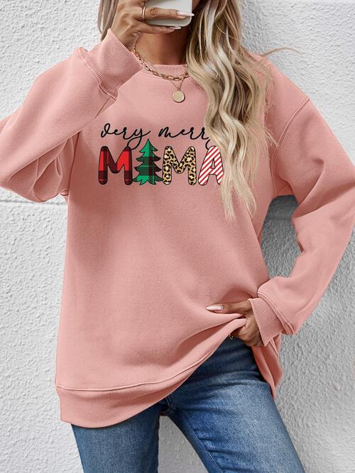 Letter Graphic Round Neck Long Sleeve Sweatshirt Blush Pink