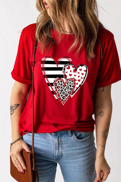 Heart Round Neck Short Sleeve T-Shirt Deep Red