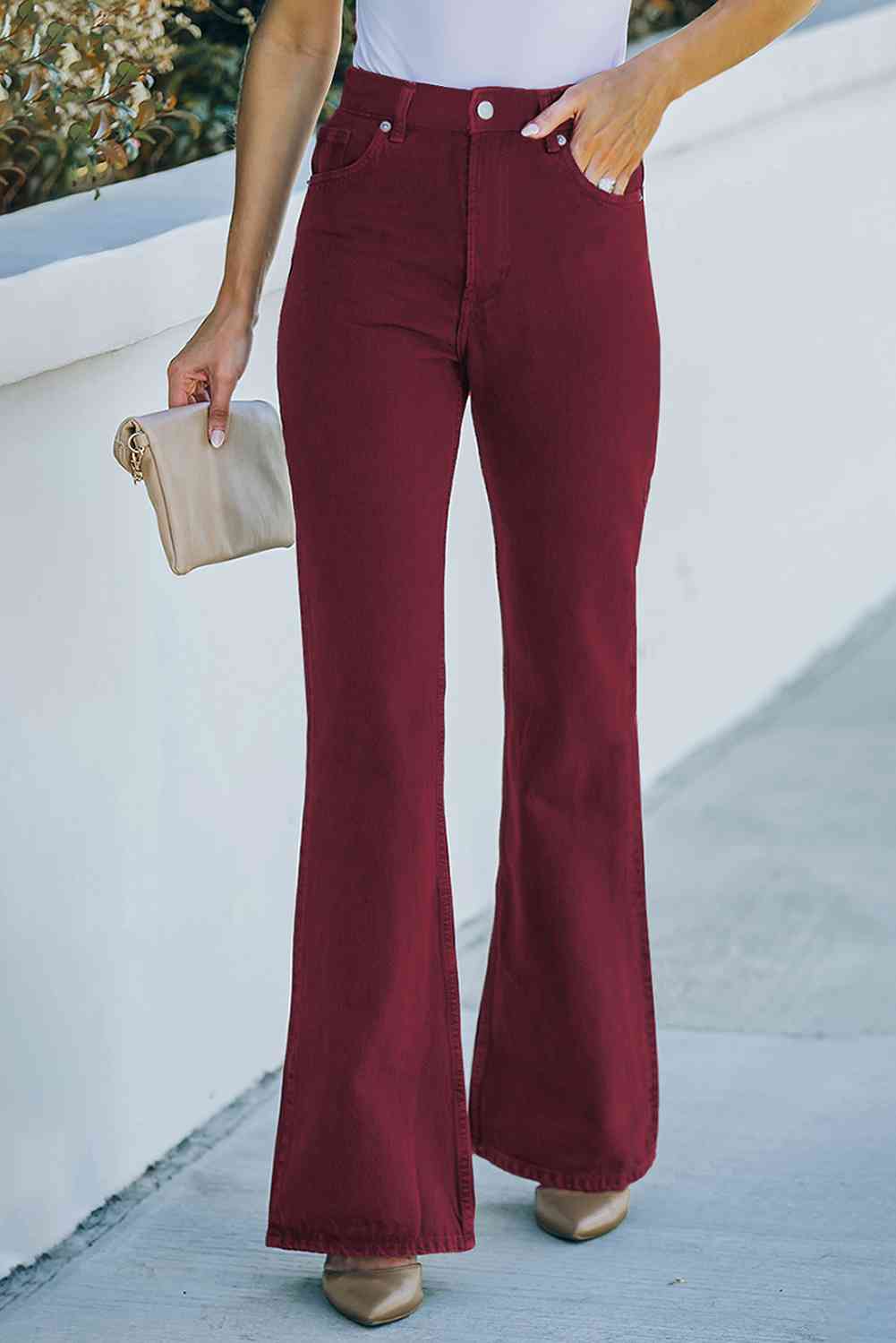 Baeful High Waist Flare Leg Jeans with Pockets Red