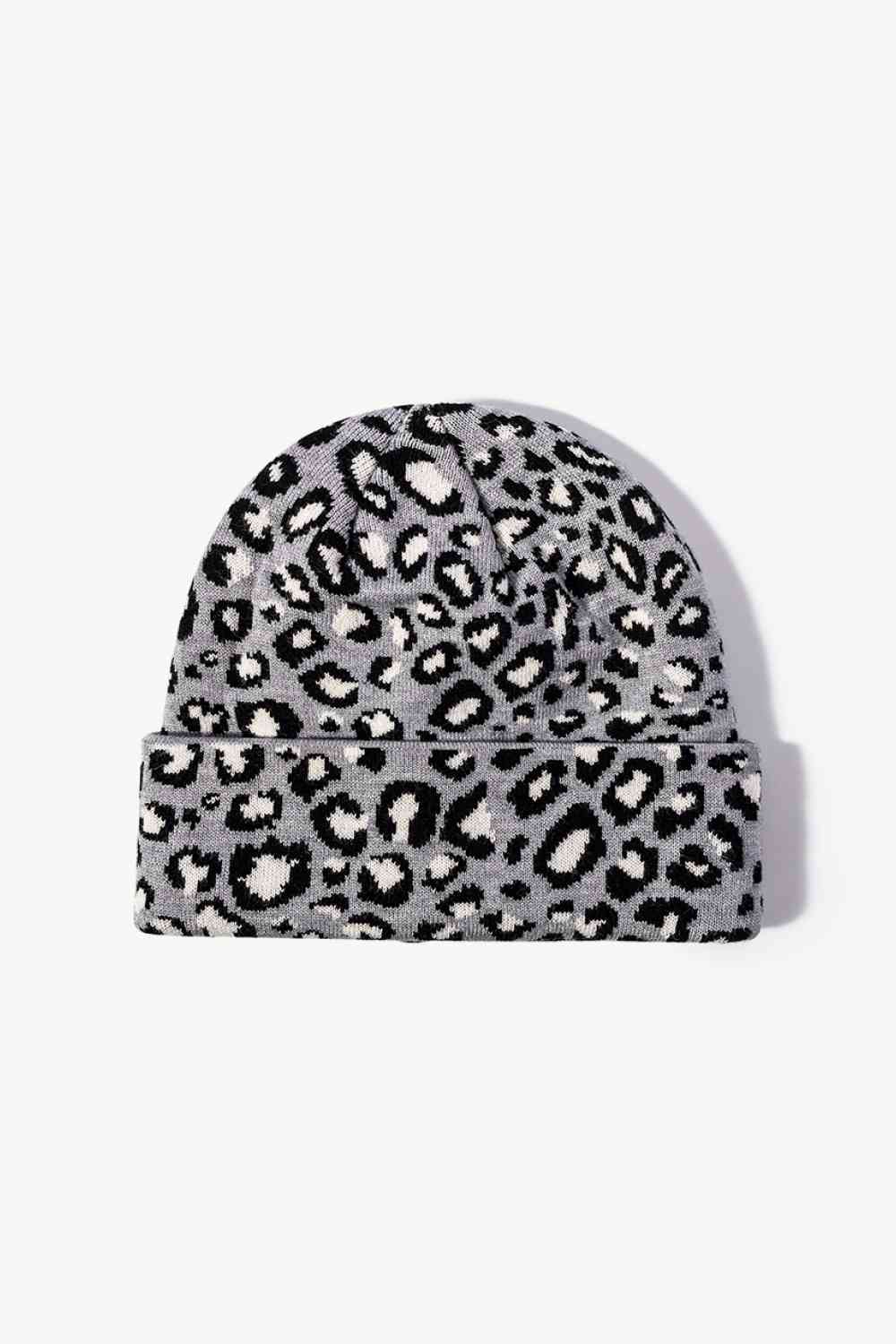 Leopard Pattern Cuffed Beanie Gray One Size