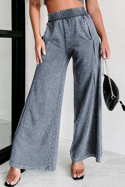 Mineral Wash Smocked Waist Wide Leg Pants Charcoal