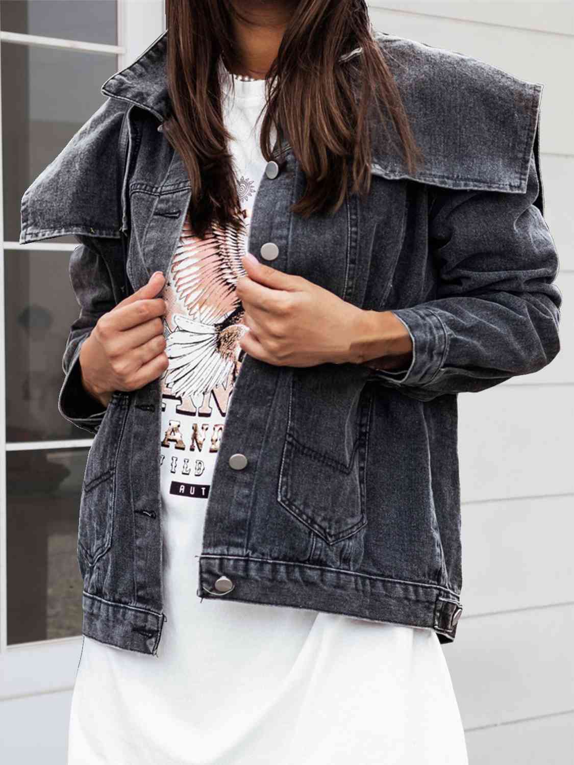 Collared Neck Button Down Denim Jacket Black