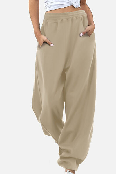 Elastic Waist Sweatpants with Pockets Khaki