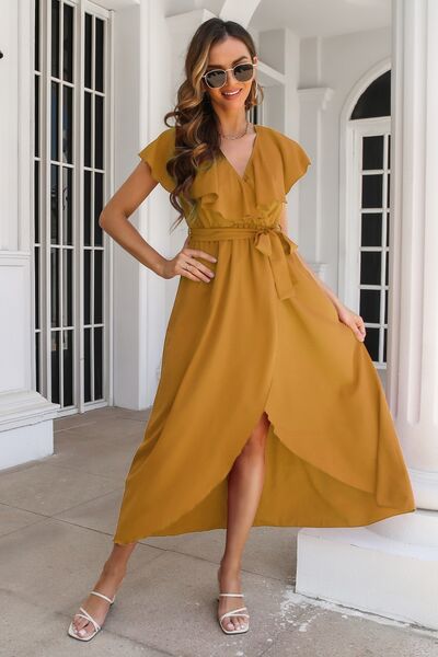 Ruffled Surplice Tie Waist Slit Midi Dress Honey