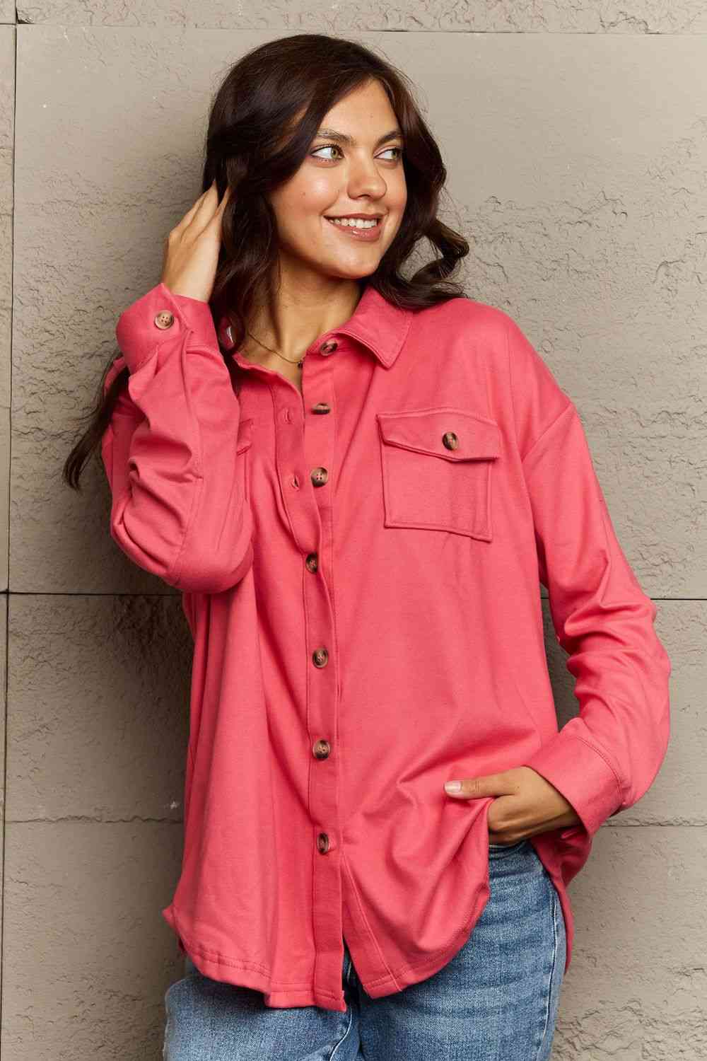 Ninexis Collared Neck Buttoned Front Pocket Jacket Deep Rose