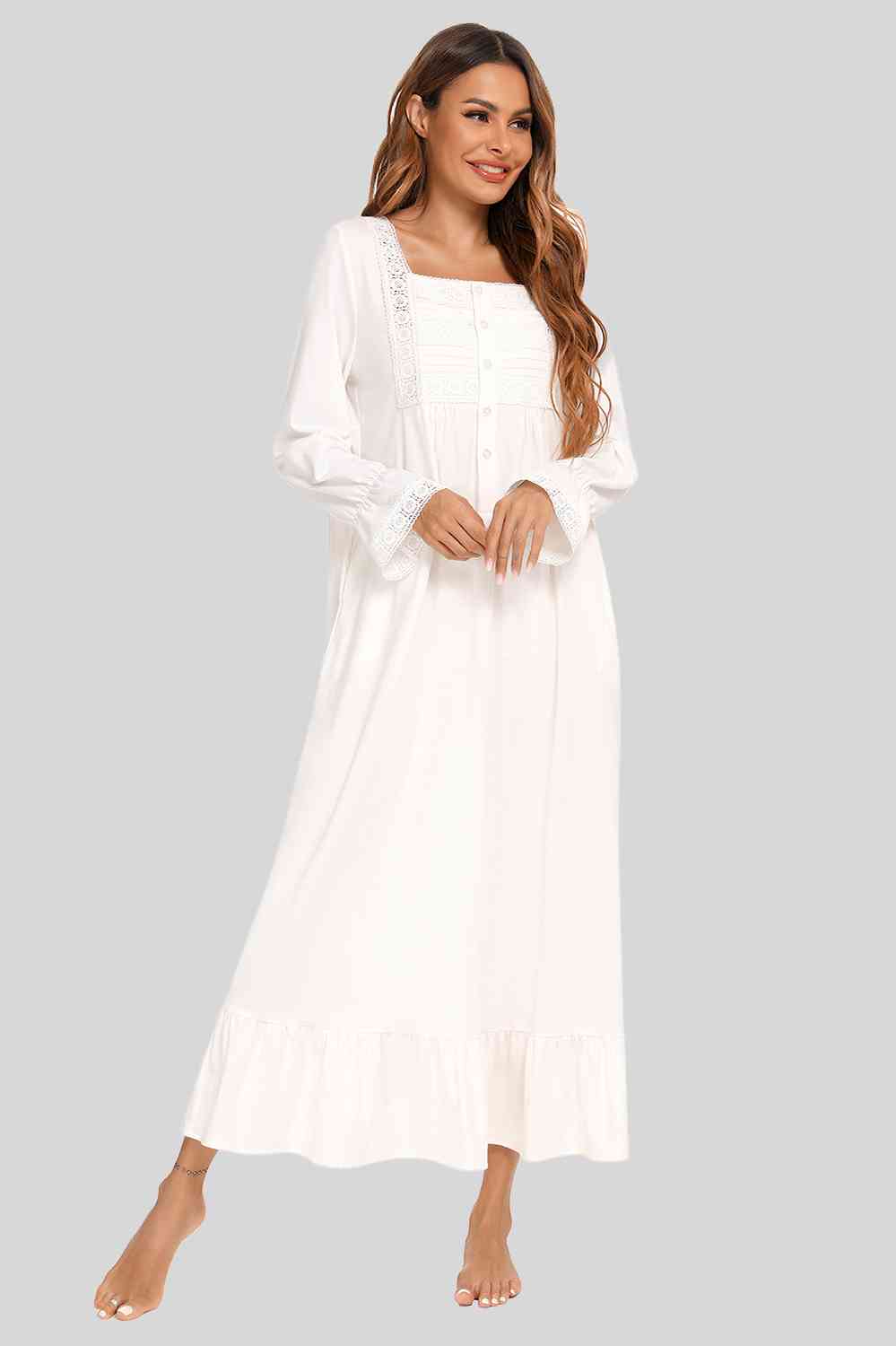 Lace Detail Square Neck Flounce Sleeve Night Dress White