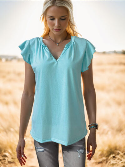 Ruffled Notched Cap Sleeve Tank Mint Blue