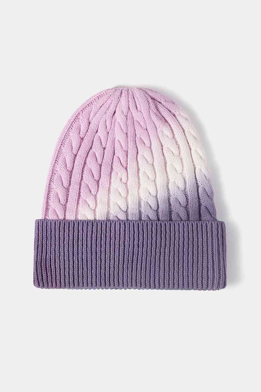 Contrast Tie-Dye Cable-Knit Cuffed Beanie Purple One Size