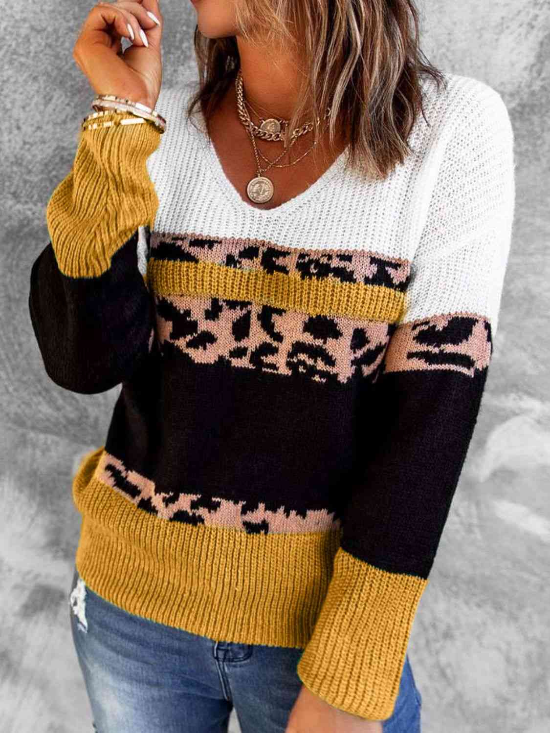 Woven Right Leopard Color Block V-Neck Rib-Knit Sweater Yellow