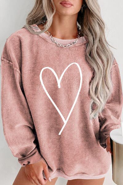 Plus Size Heart Ribbed Round Neck Sweatshirt Dusty Pink