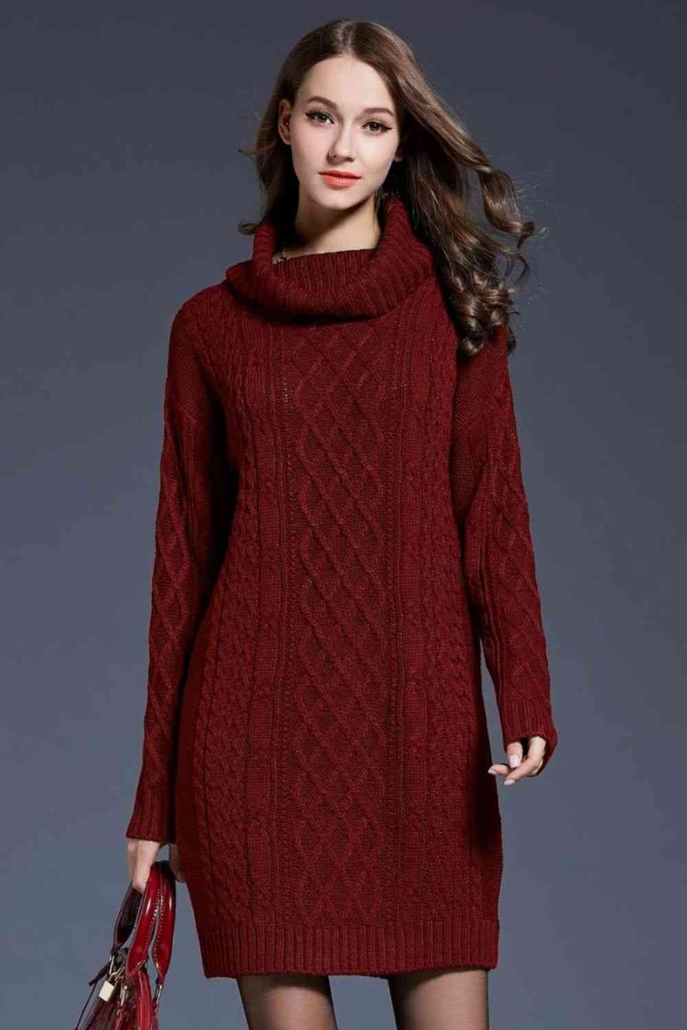 Woven Right Full Size Mixed Knit Cowl Neck Dropped Shoulder Sweater Dress Wine