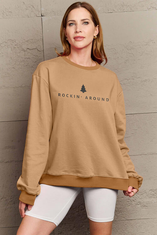 Simply Love Full Size ROCKIN AROUND Long Sleeve Sweatshirt Camel